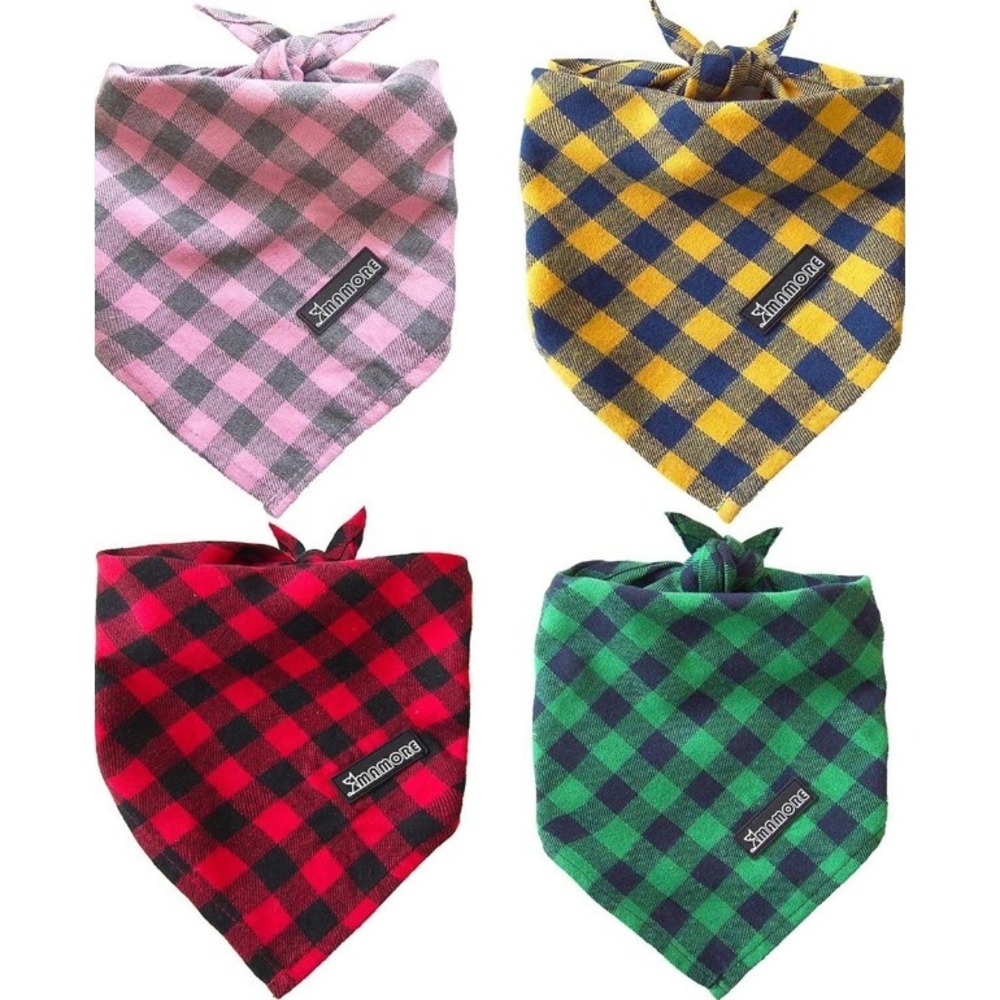 Plaid Dog Cats Bandanas,4PC Soft Washable Cotton‎ Triangle Bib Kerchief Small
